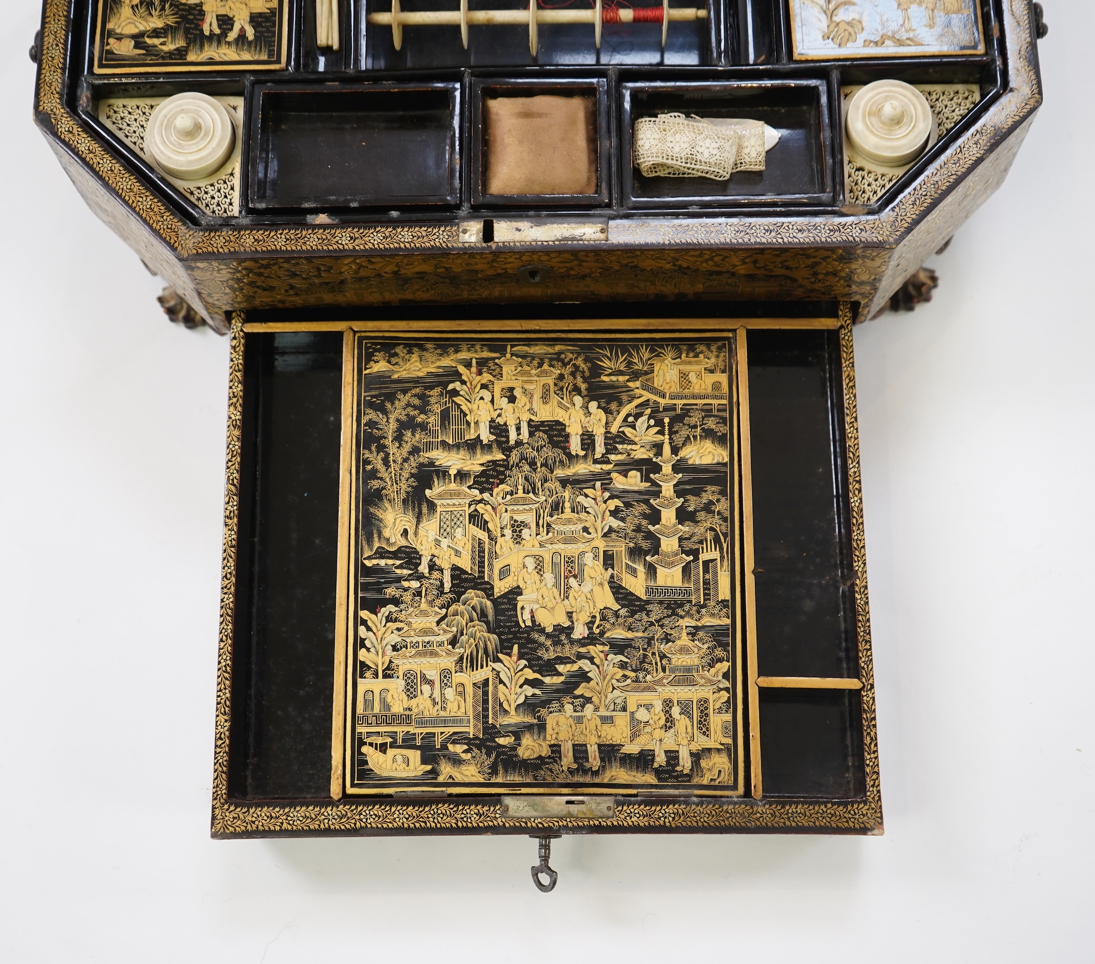 A Chinese export gilt decorated black lacquer sewing box, 19th century